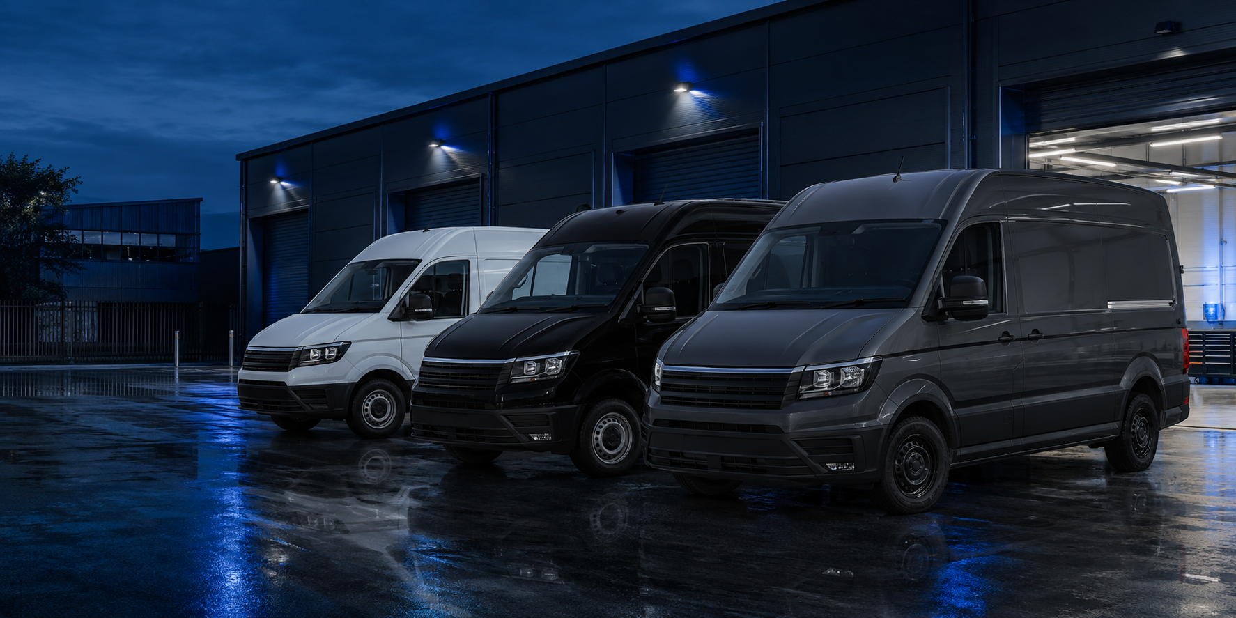 Commercial van fleet outside a professional workshop